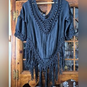 Boho "Revamped" Fringe Crochet Loght Weight Black Blouse
